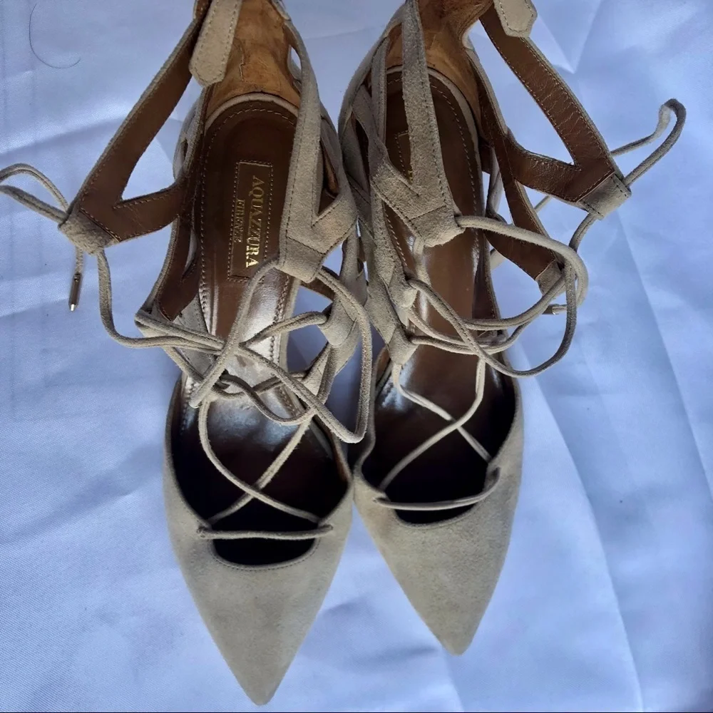 Aquazzura Beige Suede Belgravia Sandals High Heel Size 7.5